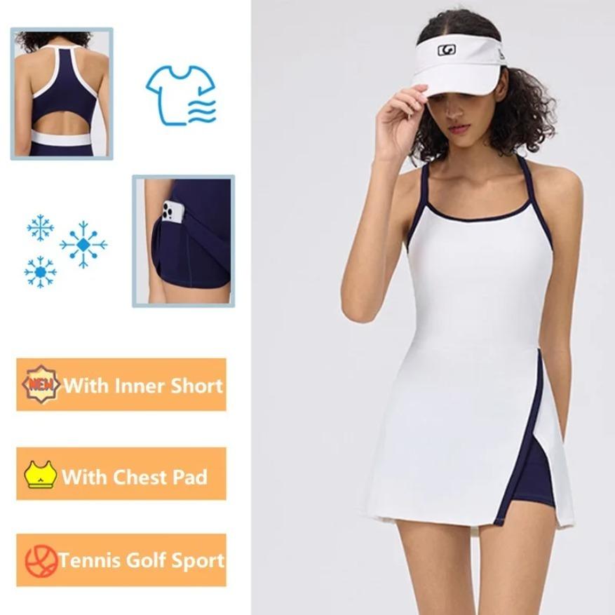 Tennis Dress with Shorts Women Golf Wear Gym Workout Clothes Sleeveless Backless Badminton Dresses Lady Summer Casual Skirts, Women's Backless Tennis Dress with Built-in Shorts, Breathable Golf Activewear for Summer