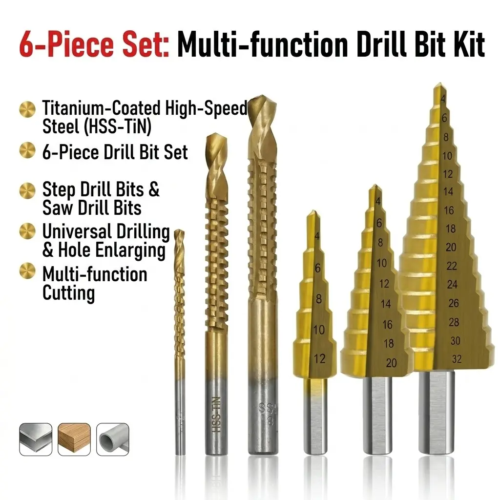 Titanium Coated High-Speed Steel Step Drill Set, 6-Piece Carbon Steel Tower Drills, Multi-Functional Metal Processing Tools, Metal Bits