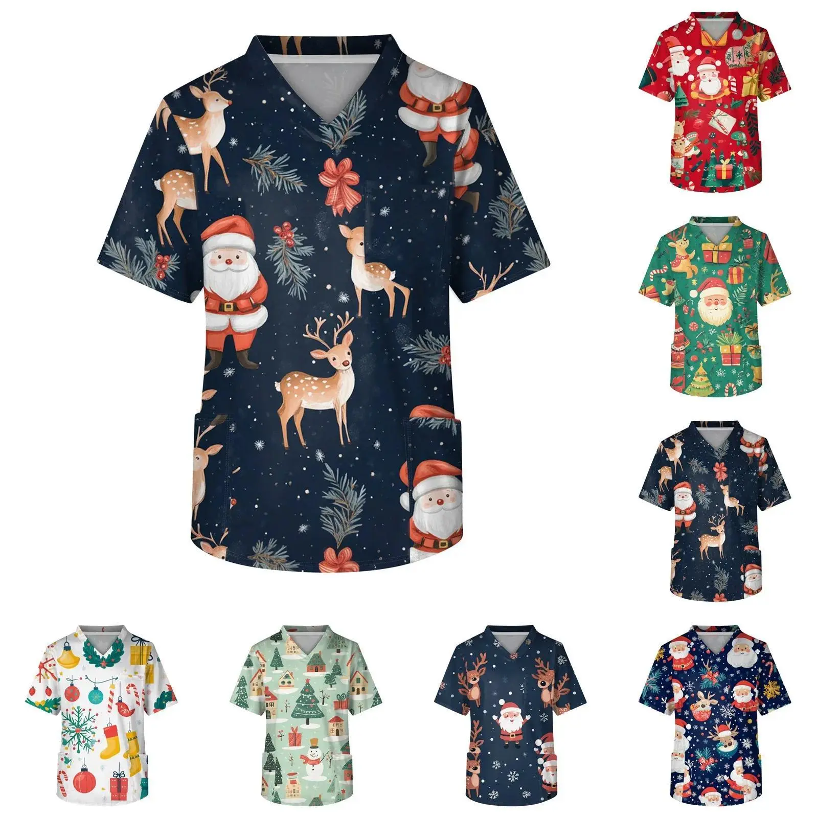 Unisex Medical Nurse Uniform Christmas Print Scrubs Tops Women Men Santa Claus T-Shirt Spa Clinic Hospital Healthcare Spa Blouse