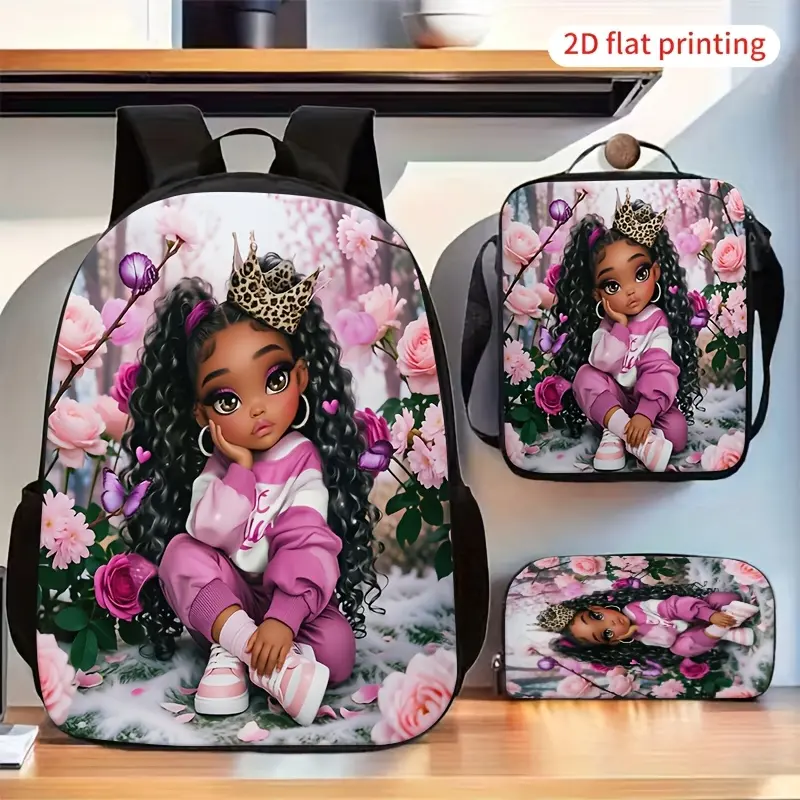Crown 3pcs Set: Fashionable 2D Printed Backpack, School Bag, Crossbody Bag, and Pencil Case Combo. Large-Capacity Portable Backpack Set, Suitable for Daily Outings, Outdoor Shopping, and Commuting