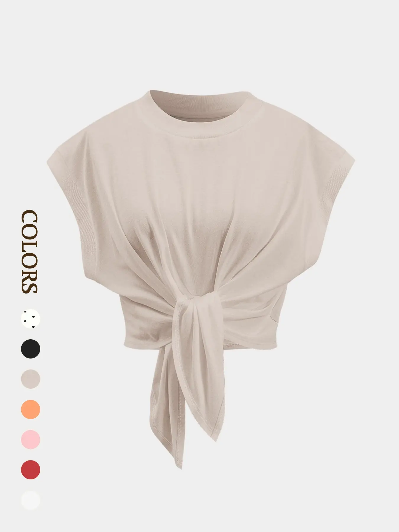 Women's Solid Color Knit Tie Front Crop Tee, Casual Round Neck T-shirt for Summer, Ladies Clothes for Daily Wear, Top, Everyday