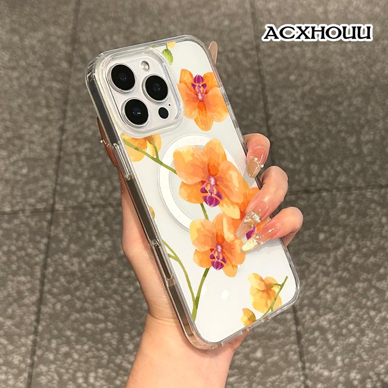 Magnetic Compatible Case for iPhone 16 E Pro Max 15 Plus 14 13 12 11 XS XR, Cute Orange Orchid Watercolor Design | Shockproof, Stylish, Girly, Scratch Resistant, and Silicone Protection