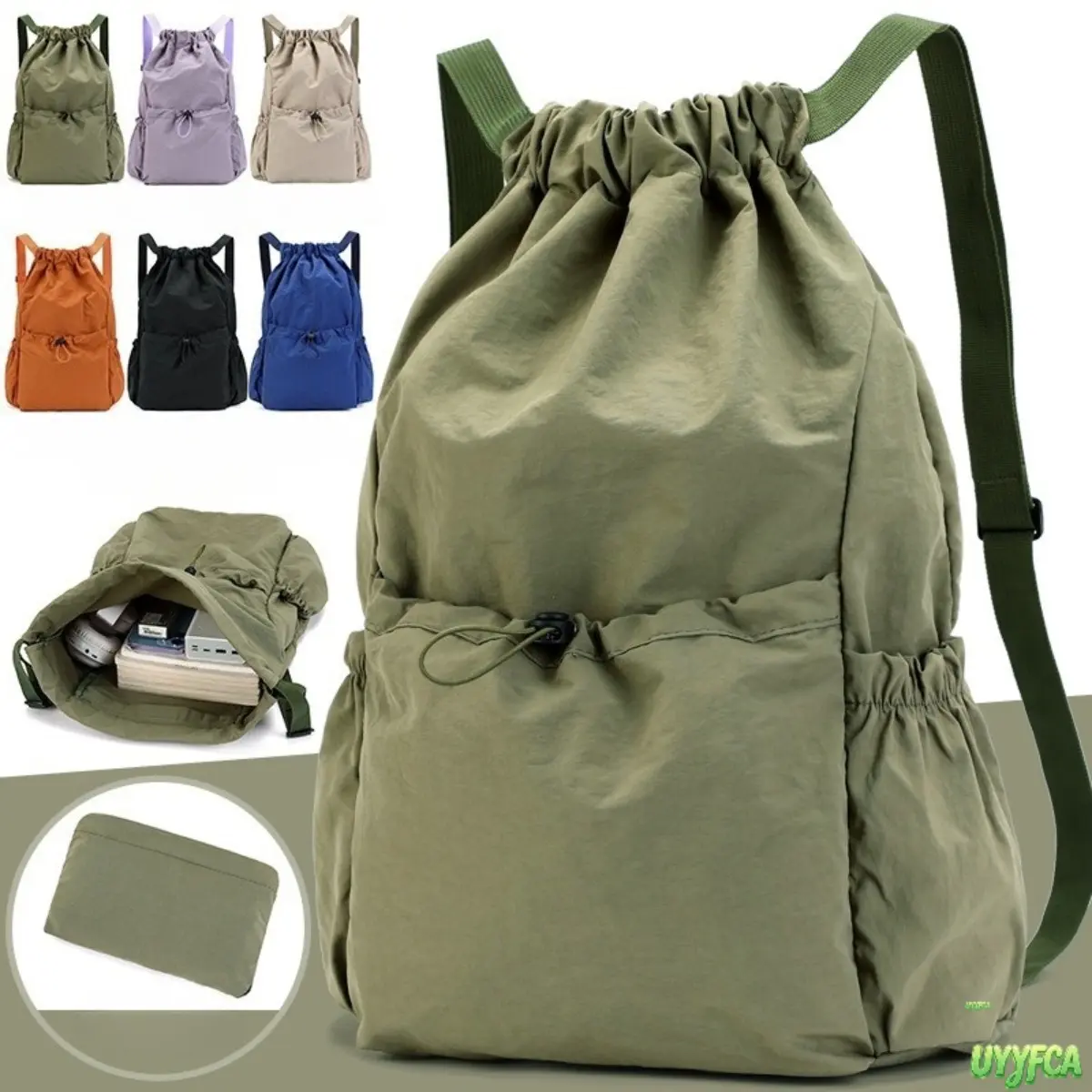 Foldable Drawstring Backpack, Lightweight Water‑Resistant Daypack, Large Capacity Washable Fabric Sack Bag With Multi‑Pockets, Compact Packable Rucksack For Outdoor Sports, School And Daily Travel