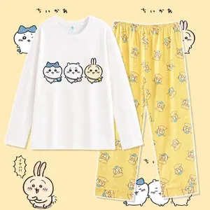 2Pcs Anime Chiikawa Pajama Set Hachiware Round Neck Tops and Pants Set Usagi Homewear Cute Cartoon Household Clothes Set Gift