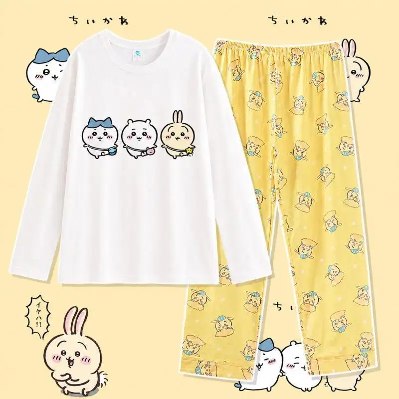 2Pcs Anime Chiikawa Pajama Set Hachiware Round Neck Tops and Pants Set Usagi Homewear Cute Cartoon Household Clothes Set Gift