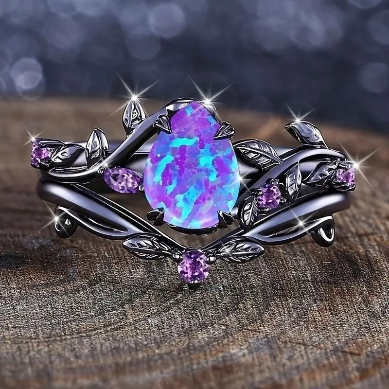 Elegant Luxurious Water Drop Synthetic Opal Vine Leaf Ring, Dainty Bridal Engagement Wedding Band, Fashion Luxury Jewelry Perfect for Valentine's Day Anniversary Wedding Birthday Gift Smart Leather Luggage Tag with Tracker