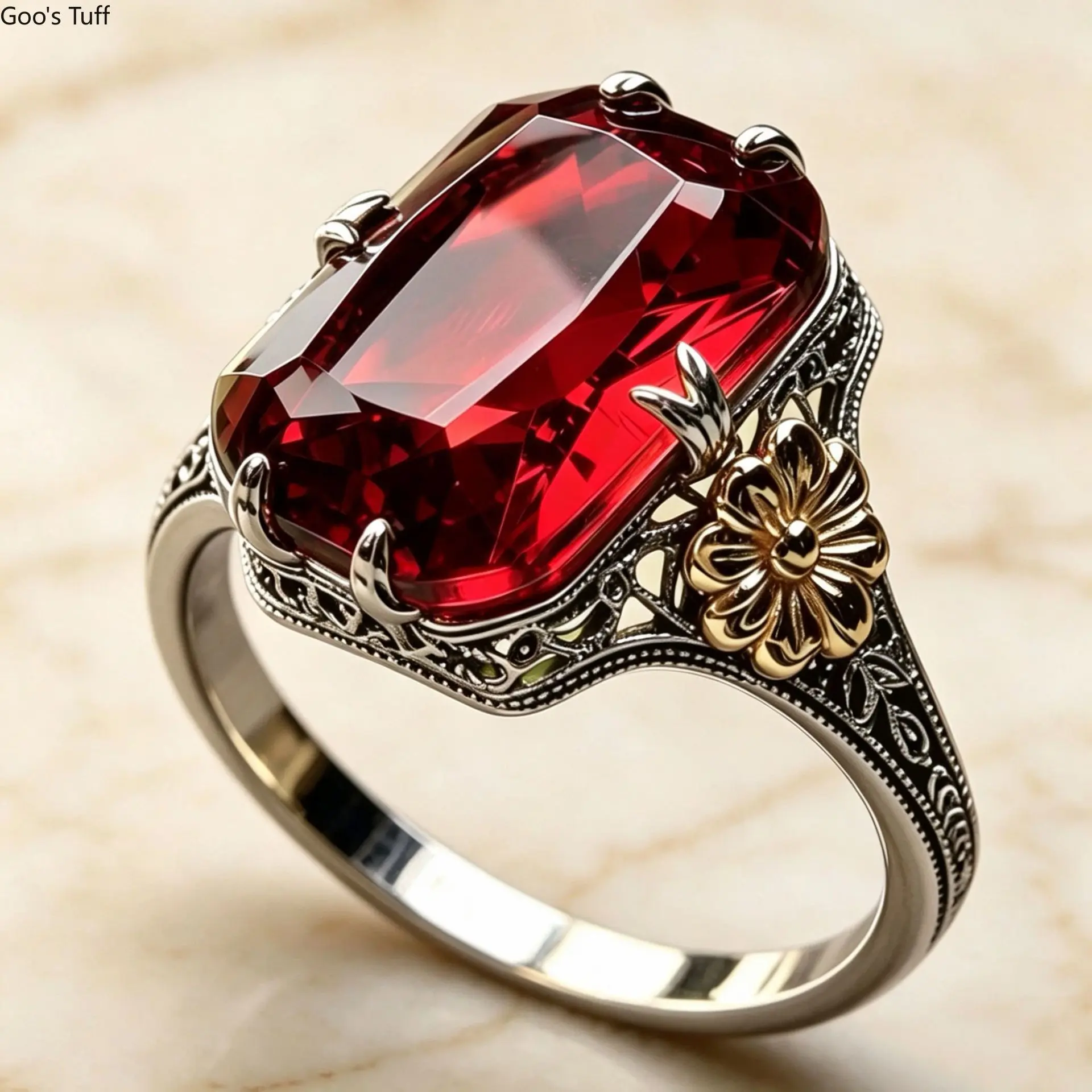 Women's New 2-Tone Sunflower Flower Ring, Garnet Red Topaz-Look Fashion Statement Finger Costume Jewelry