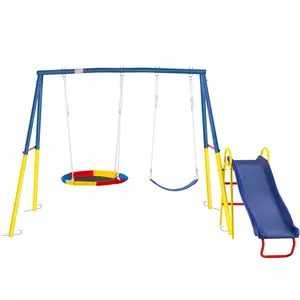 Aobtkel Swing Sets for Backyard with Kids Slide Outdoor Heavy-Duty Metal Playset 3 in 1 Swing Set with Slide