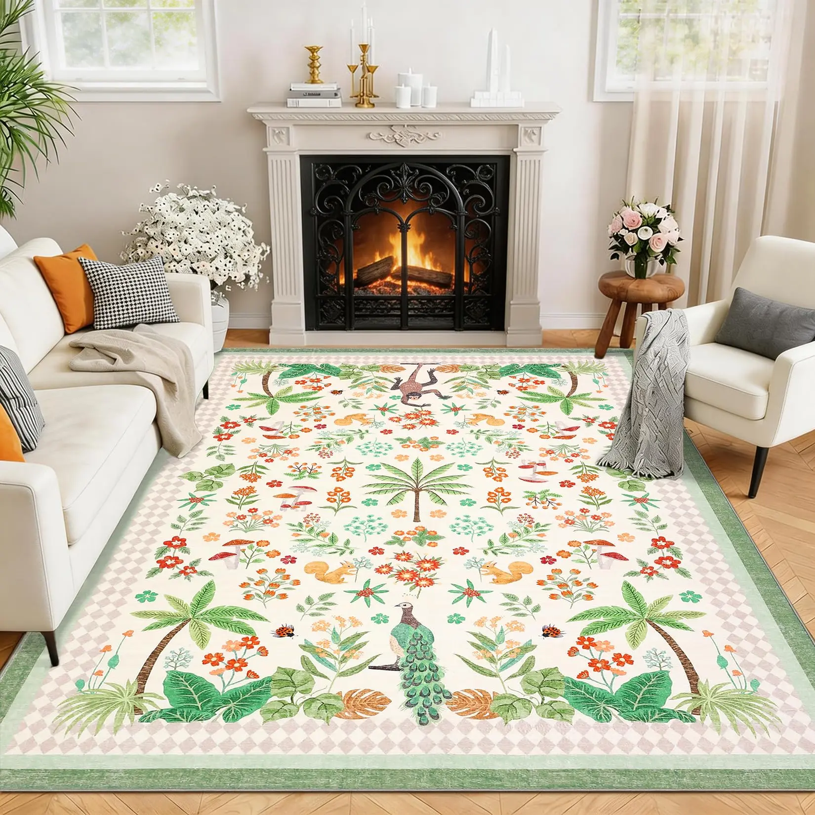 Garvee Jungle 5x7 Area Rug - Washable Animal Print Nursery Rug, Soft Low Pile Botanical Floor Carpet, Non-Slip Beige Forest Design for Living Room, Bedroom, Dining Room, Playroom