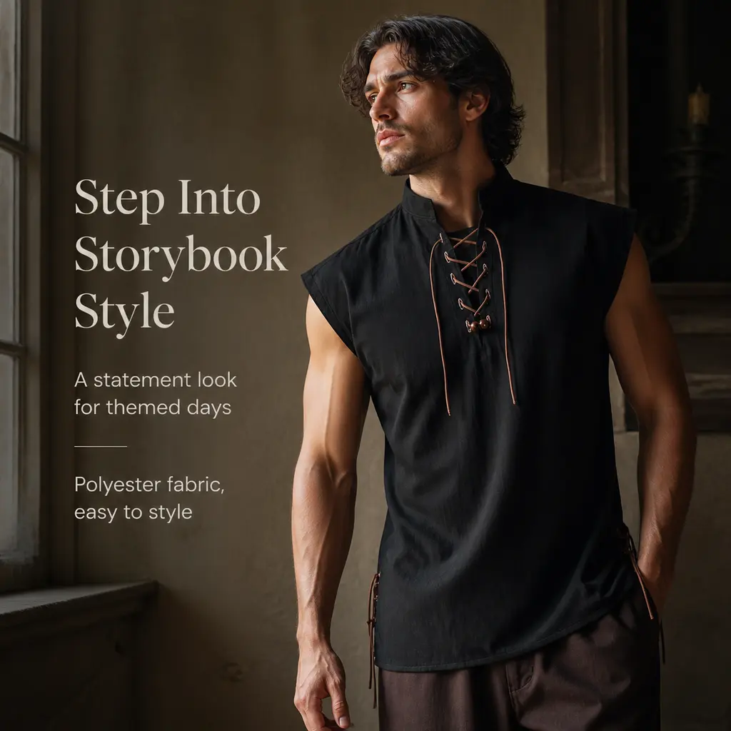Men's Medieval Renaissance Sleeveless Lace-Up Polyester Tunic Top - Stand Collar, Vintage Black, Retro Warrior Peasant Vest for Halloween Cosplay, Renaissance Fair, Themed Events Aesthetic