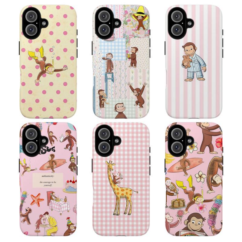 Cute Cartoon Monkey Tough Phone Case, Curious Georgeee, Fun Pink Animal Design Protective Phone Cover for Girls & Kids, Protective Cover, Pink Tone Case iPhone 17 Air 16 Promax 15 Plus 14 13 12 11.MFL22