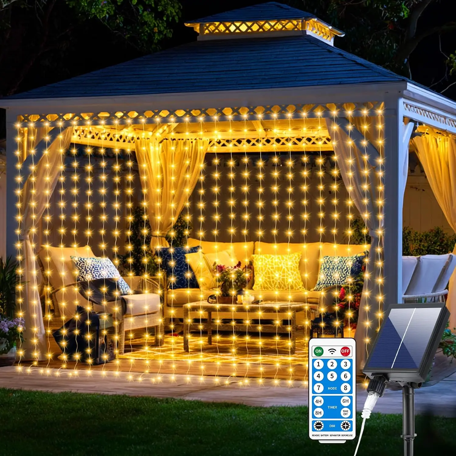 Upgraded Solar Curtain Lights 10x10Ft 300LED Solar  Waterfall Lights for Patio Gazebo Backdrop Wedding Party with USB Rechargeable Remote Timer  Twinkle Fairy String Lights
