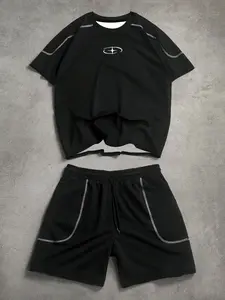 Minimalist Star Logo Line Print Short Sleeve Tee & Shorts Set, Loose-Fitting Street Style, Unlined Clothing, Made in China