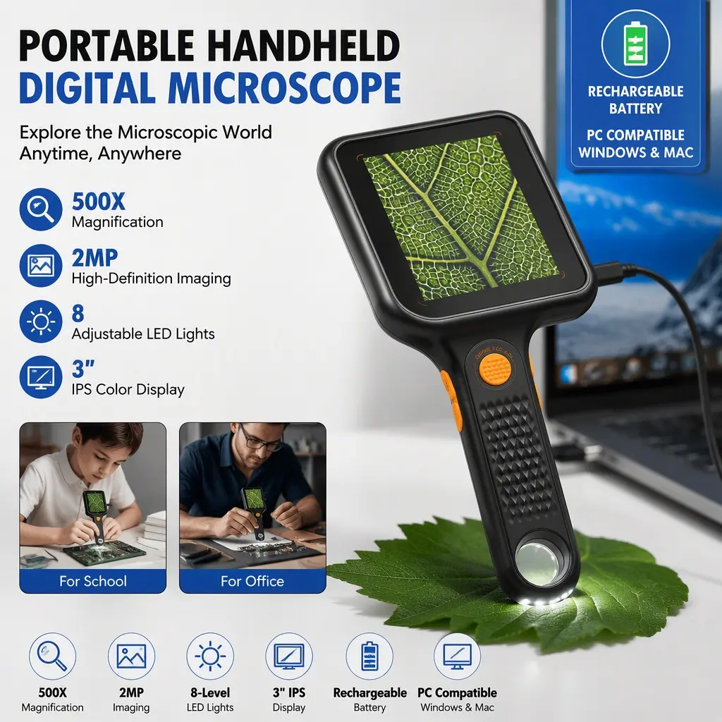 Portable Handheld Digital Microscope with 3‑Inch IPS Display, 500X Zoom 2MP Imaging, 8‑Level LED Lights, Rechargeable Battery, PC Compatible with Windows & Mac for School and Office Use