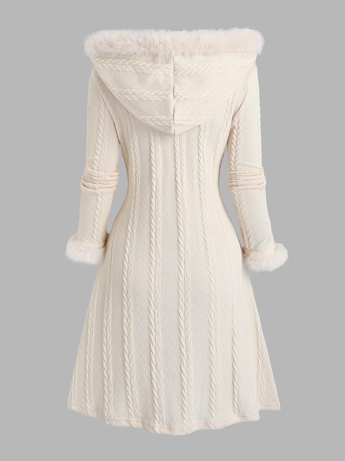 Women's Plain Contrast Faux Fur Trim Button Front Hooded Jacket Coats, Casual Long Sleeve Outerwear for Fall & Winter, Ladies Clothes for Daily Wear