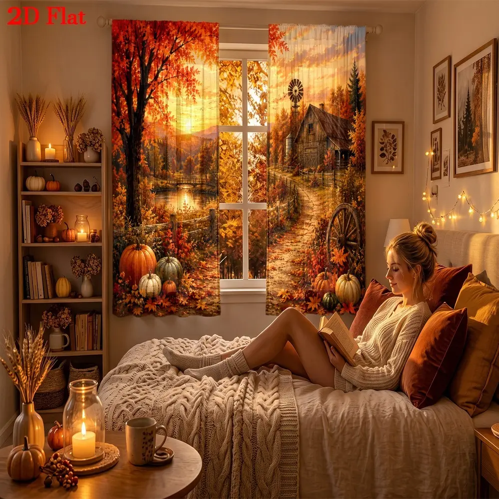 2D Flat 2Pcs Autumn Farm Scene Curtains with Rustic Barn and Windmill, Fall Harvest Decor, Vibrant Sunset View, Nature Landscape Print, Voile for Living Room Bedroom Kitchen Window