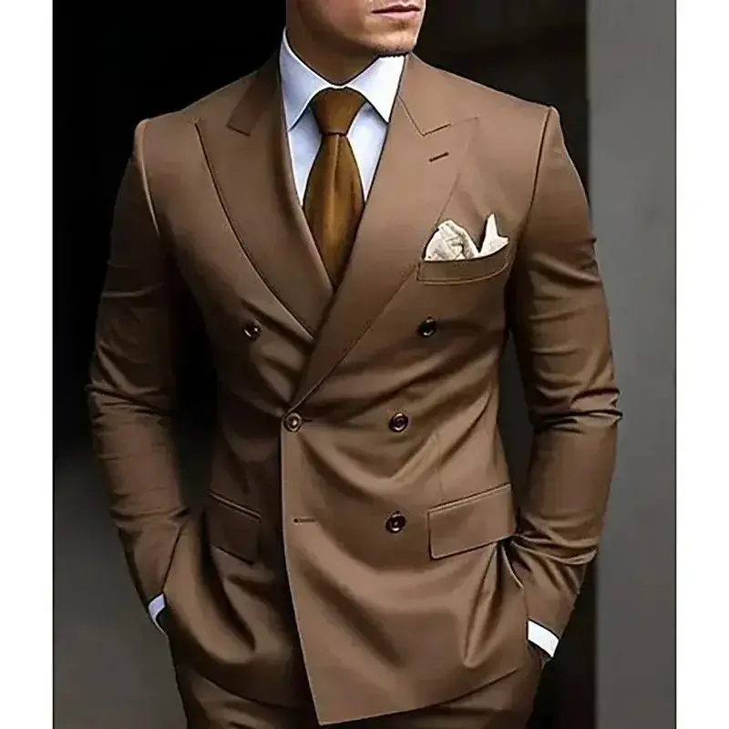 High Quality Brown Men's Suits Double Breasted Bespoke Peaked Lapel Formal Blazer Slim Fit 2 Piece Jacket Pants Fathers Day Gift Menswear Business Casual Outfits