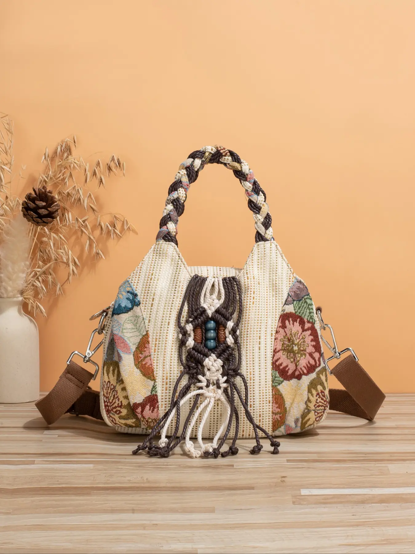 Boho Ethnic Handwoven Flower Ball Shoulder Bag, Original Design Cute Casual Crossbody Bag, Random Cut, Unique Style