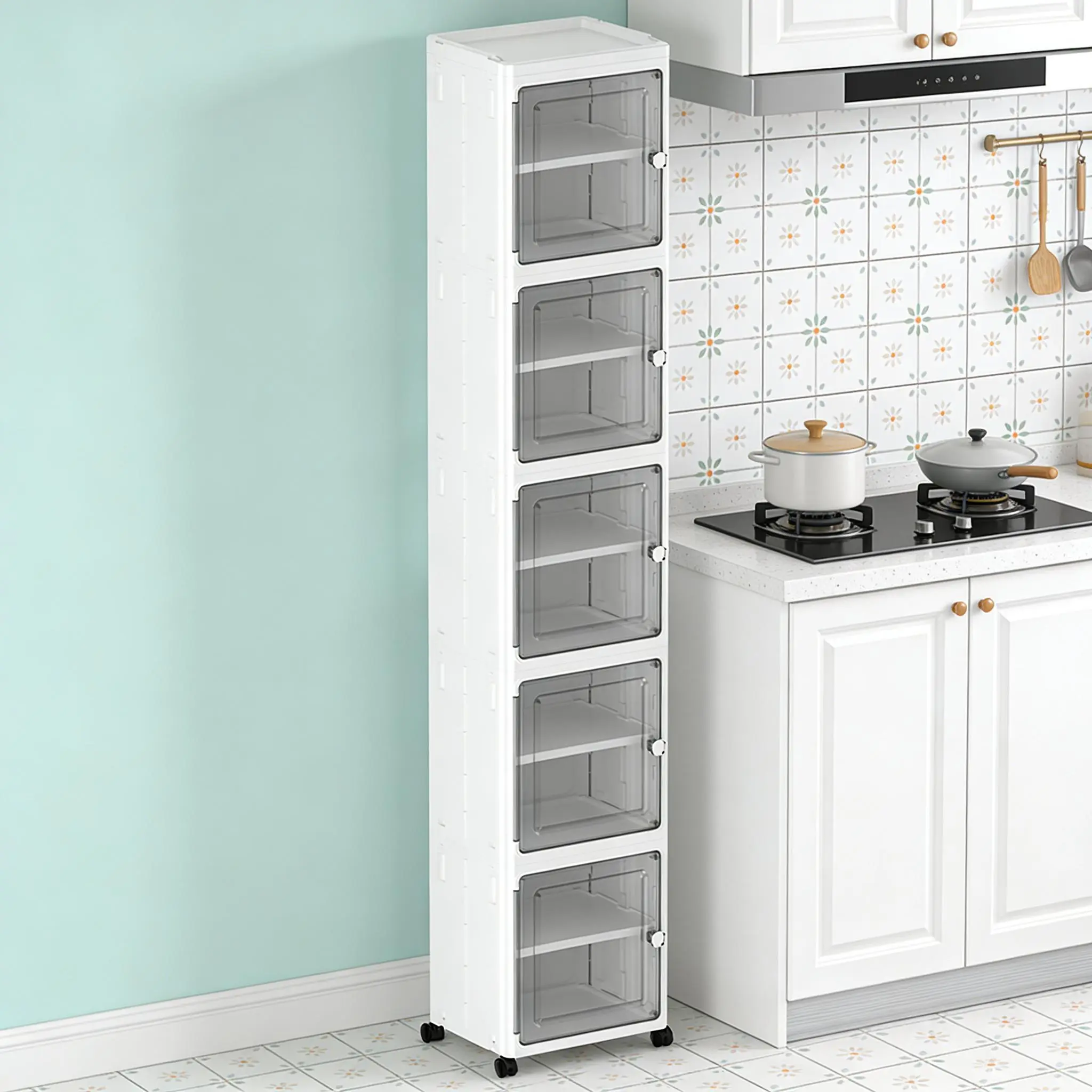 White Expanded Organizer Cabinet, 3-Tier Tall Cabinet on Wheels, Foldable Plastic Storage Bin for Kitchen, Laundry Room, Expandable Organizer Cabinet