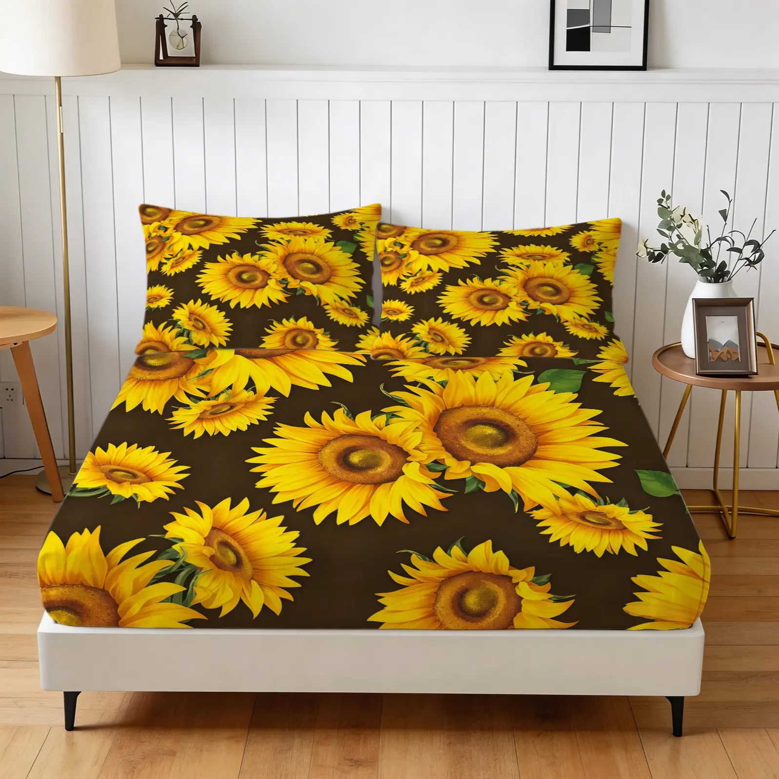 3-Piece Sunflower Pattern Fitted Sheet Set, Soft And Comfortable Bedding Set, Including 1 Sheet And 2 Pillowcases (Pillow Inserts Not Included), Suitable For Teenagers And Adults, Bedroom, Apartment, Dormitory Scene
