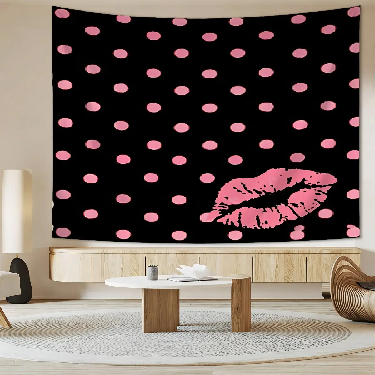 Black And Pink Polka Dot Tapestry with Red Lips, Black Background, Y2k Style Polyester Fabric with Lip Print, Sweet And Cool Girly Decoration, Suitable for Girls' Dormitories And Apartments.