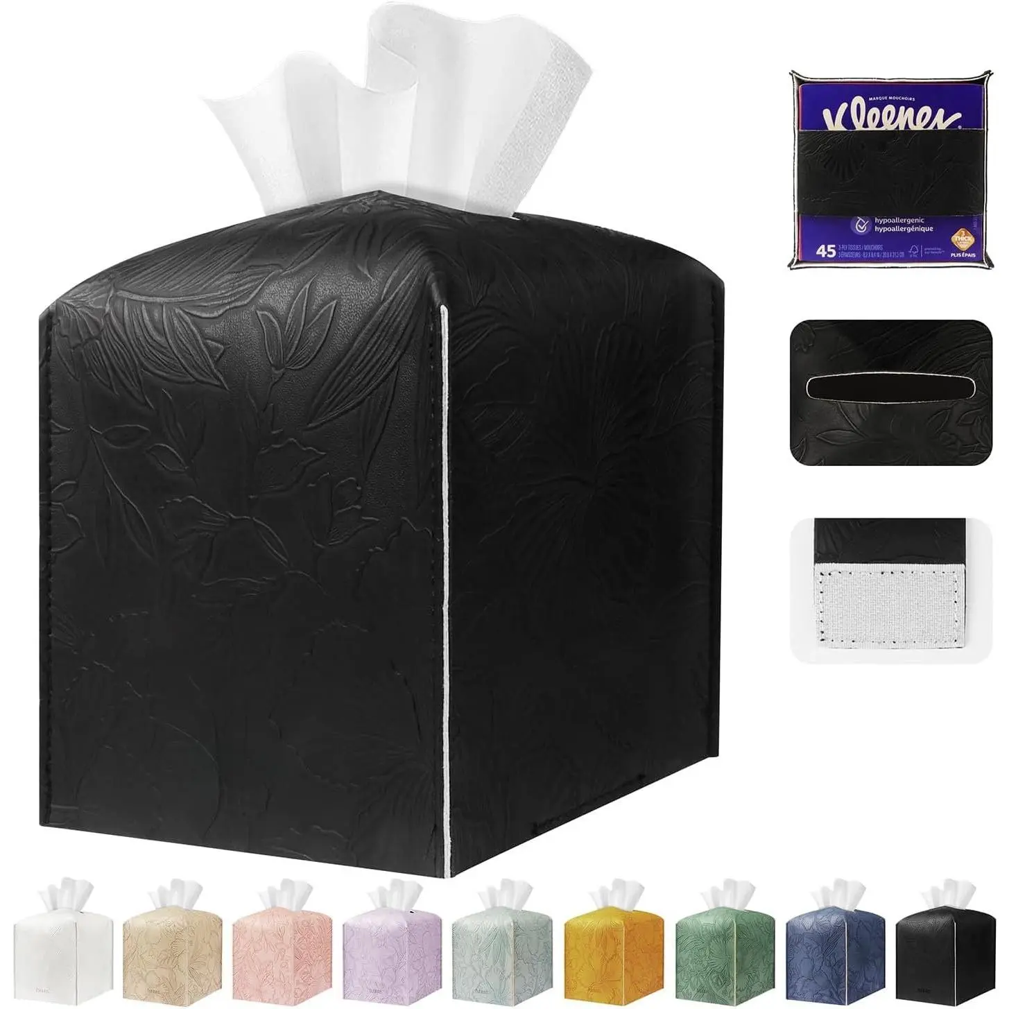 Tissue Box Holder Cover Square Tissue Cube Cover PU Leather Tissue Organizer with Bottom Belt for Bathroom, Tabletop, Kitchen, Night Stands, Office, ,  (1, Black)