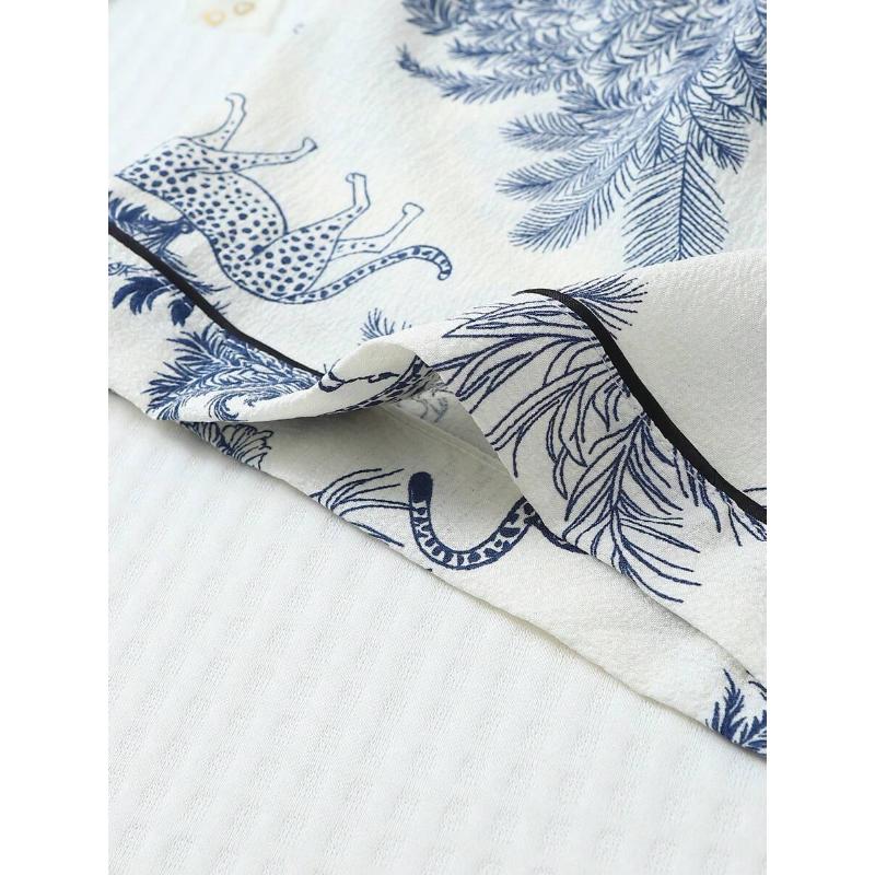 2pcs Soft Palm Tree & Giraffe Print Lapel Button Short Sleeve Top With Pocket And Bowknot Shorts Pajama Set, Women Loungewear For Home Wear, Spring & Summer Fabric Fit rave outfit 90s graphic tees office outfits women ibiza outfits women's summer outfits