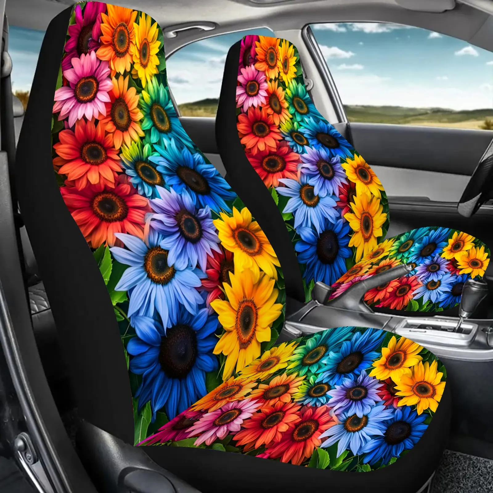 2pcs Vibrant Sunflower Print Car Seat Covers - Universal Fit for Cars, SUVs, Sedans, Trucks - Colorful Floral Design, Sponge Filled, Canvas Material - Front Seat Protector, Car Decorations, Automotive Seat Covers