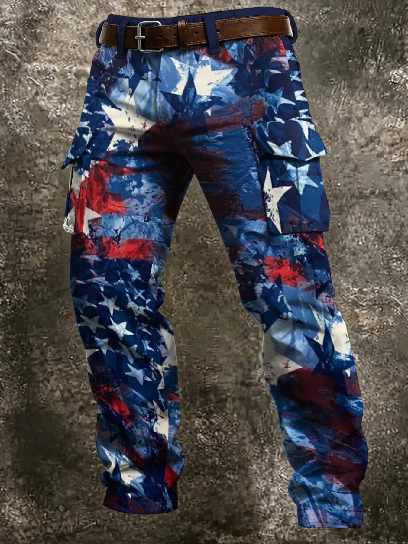 Large Size Men's Vintage Graffiti Style American Flag Print Cargo Pants, Multi-Pocket Straight Leg Casual Pants, Independence Day Retro Outdoor Functional Trousers