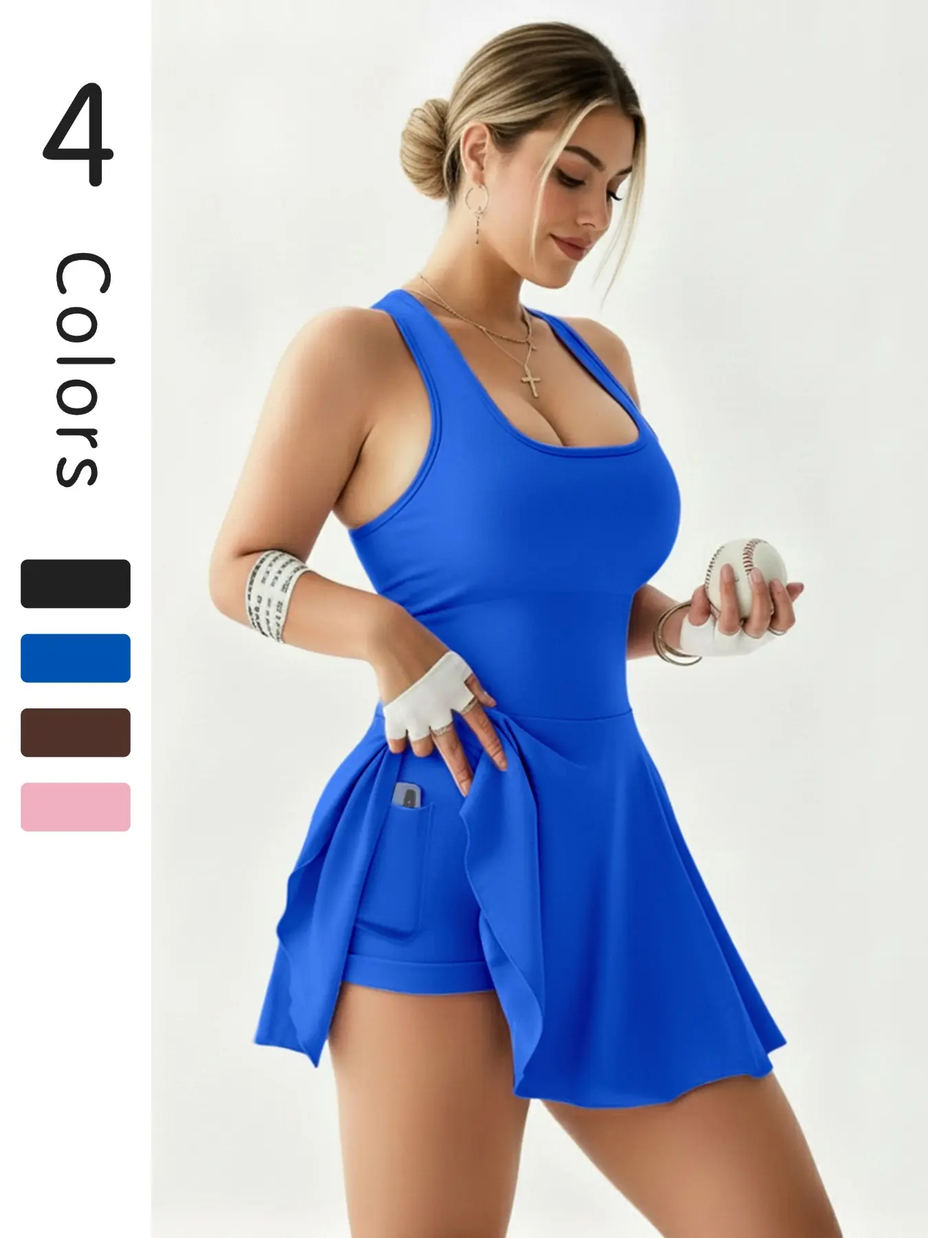 Women's Casual Fashion Sport Tennis Dress, Workout Tennis Dress with Shorts, High Elastic Quick Dry Sweat Absorbent Gym Training Yoga Skirt with Safety Pants Pockets Sleeveless Athletic Dress, Active Wear