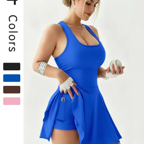 Women's Casual Fashion Sport Tennis Dress Exercise Dress with Shorts, High Elastic Quick Dry Sweat Absorbent Gym Training Yoga Skirt with Safety Pants Pockets Sleeveless Athletic Dress, Active Wear
