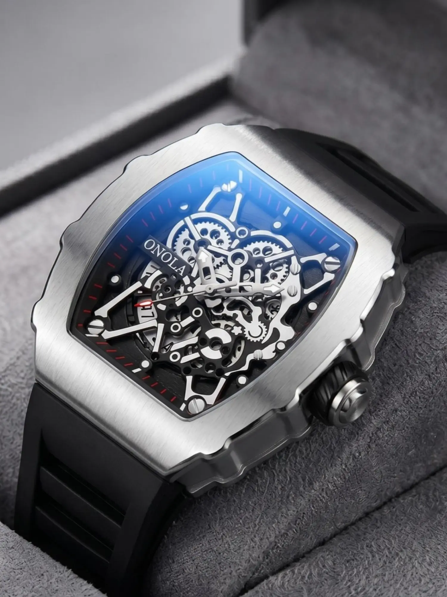 ONOLA 2026 NEW Men Tonneau Skeleton Quartz Watch Luxury Wrist Watches Business Watch Luminous Hollow Dial Silicone Strap 30M Waterproof Watch Commute Gift Watch For Men