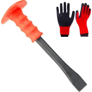 10 Inch Heavy Duty Flat End Chisel With Hand Guard and Work Gloves for Rock Concrete Mortar Stone Demolishing Carving Splitting Breaking