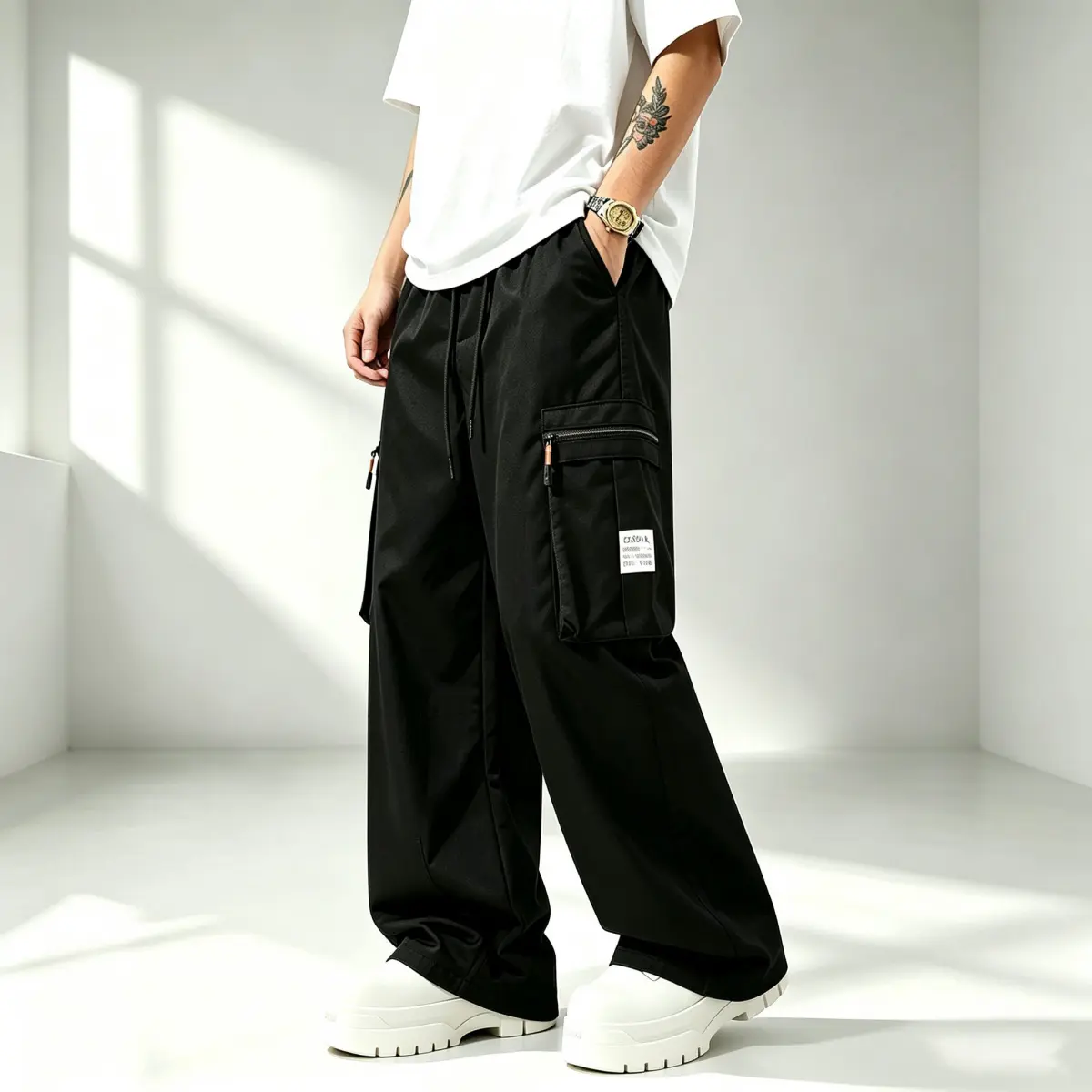 Men's Black Fashion Cargo Pants, Loose Straight Leg Polyester Trousers with Pockets, Casual Streetwear for Spring and Autumn