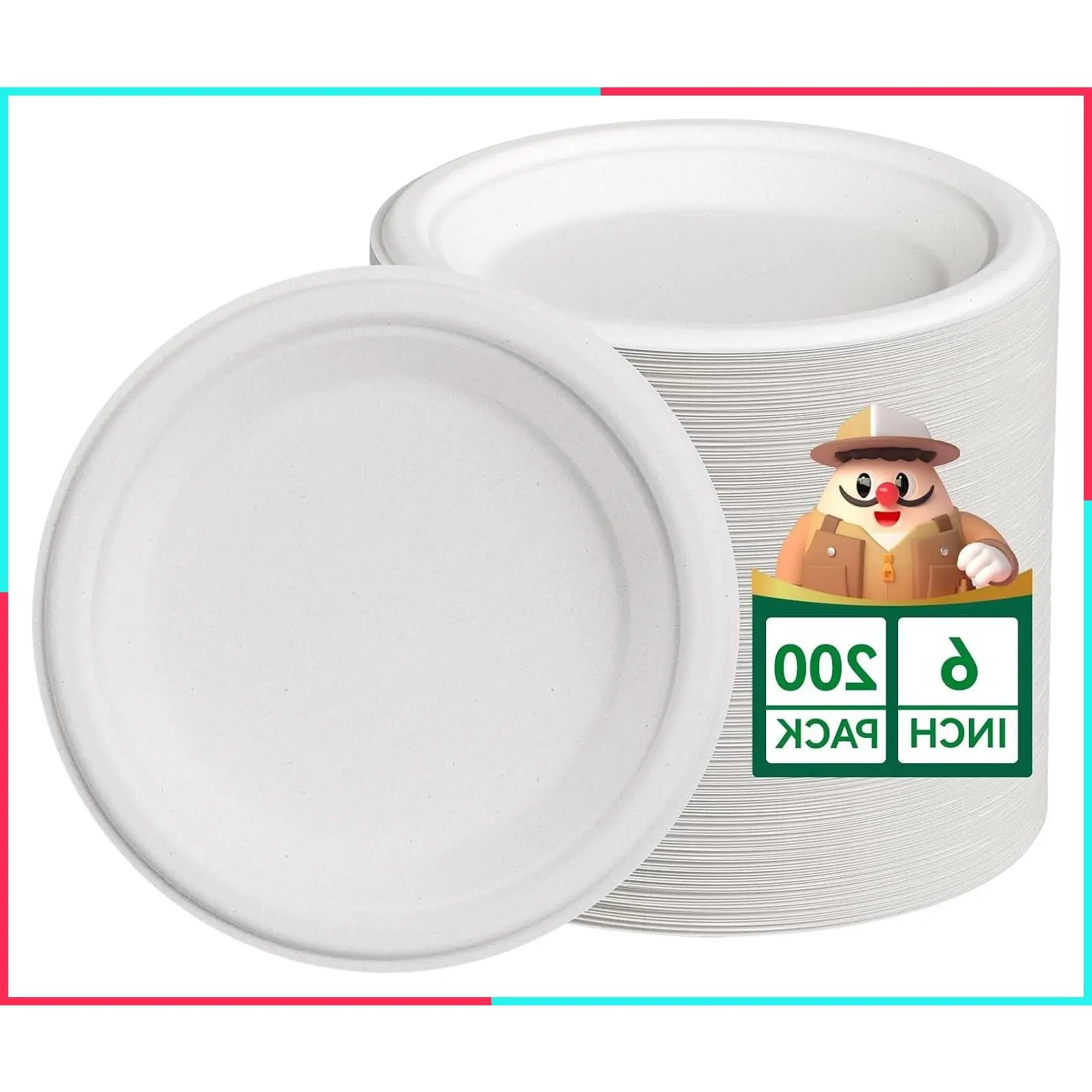 100% Compostable 6 Inch Heavy Duty Paper Plates, 200 Pack Disposable Biodegradable Sugarcane Dessert Plates, Eco-Friendly Bulk White