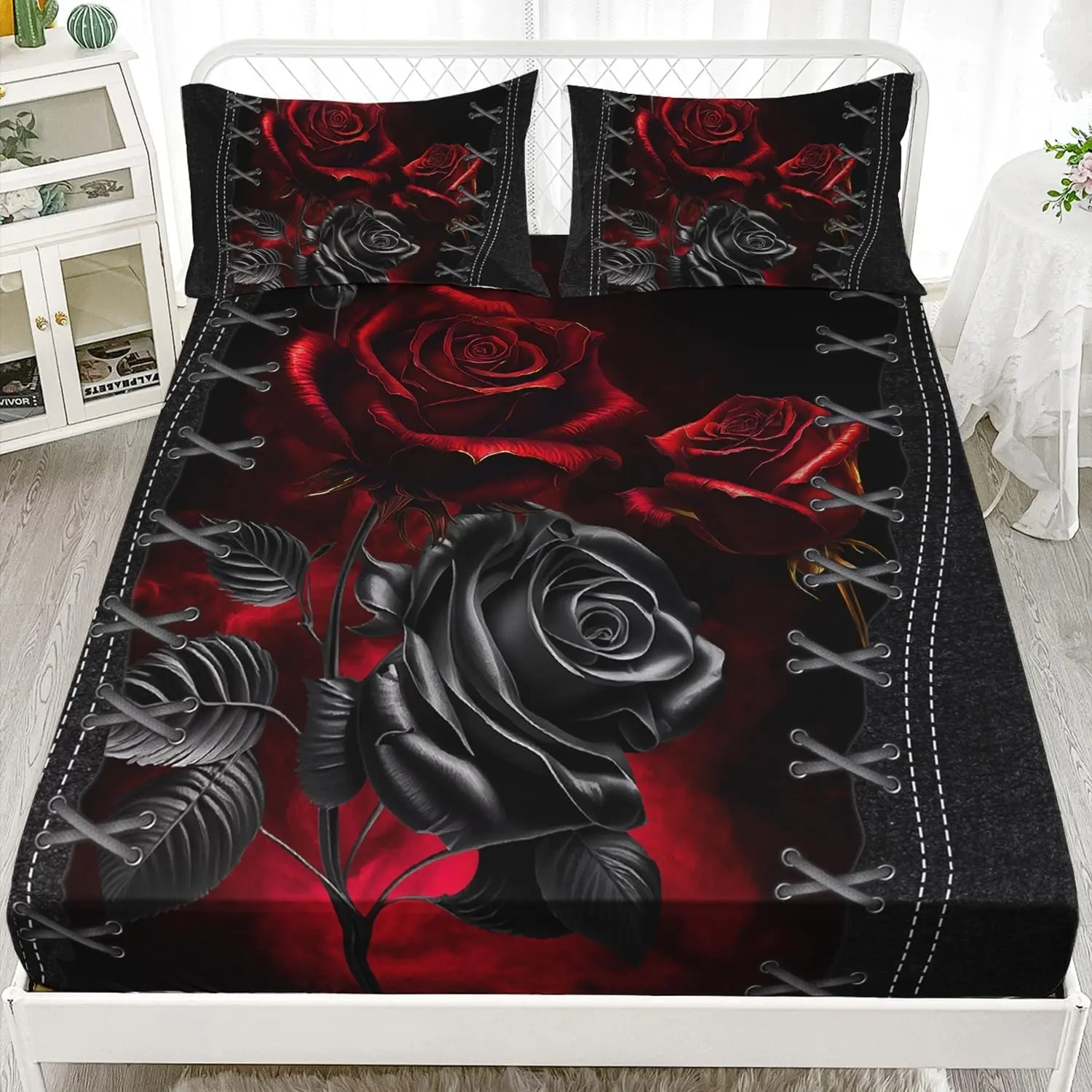 3-Piece Rose Floral Bed Sheet Set, Romantic Single Bed Linen, Soft Breathable Washable Bedding, Includes 1 Mattress Cover and 2 Pillowcases, Bed Sheets Set