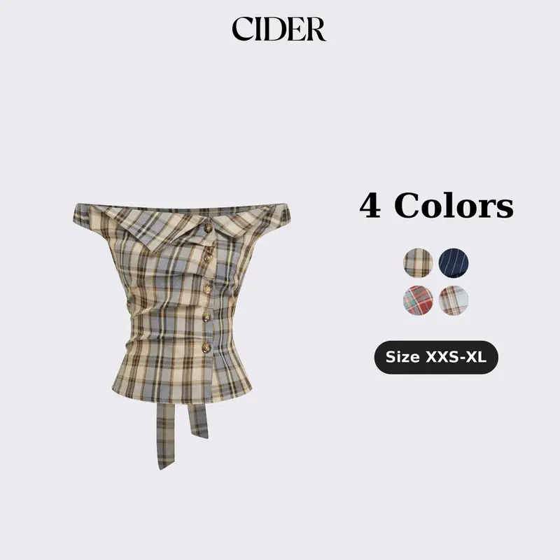 Cider Napoleonic Core Plaid Asymmetrical Neck Ruched Short Sleeve Blouse Napoleon