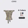 Cider Napoleonic Core Plaid Asymmetrical Neck Ruched Short Sleeve Blouse Napoleon