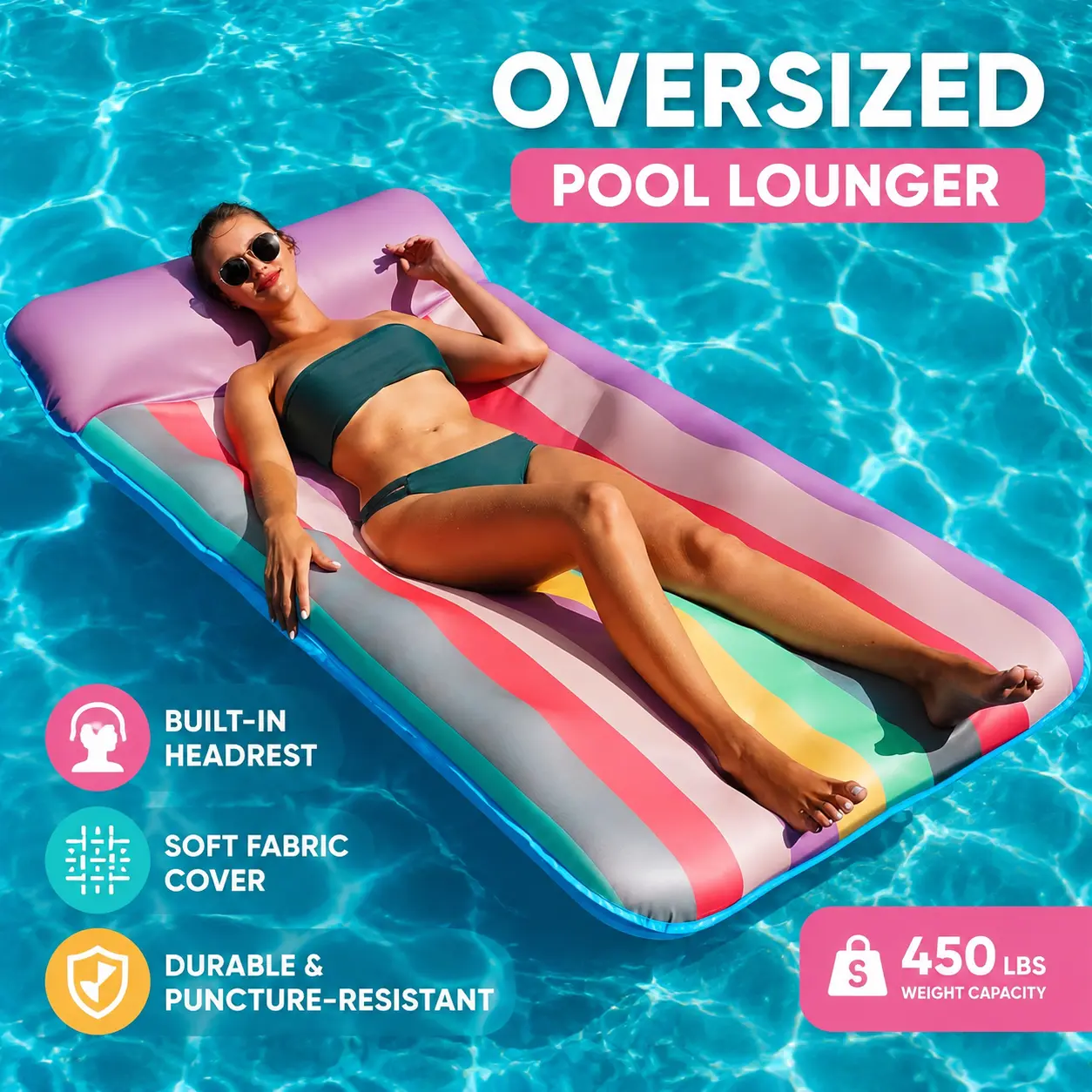 Oversized Pool Float Lounger, Inflatable Pool Chair with Headrest, Large Fabric Covered Water Float for Adults, Swimming Pool Party, Summer Vacation