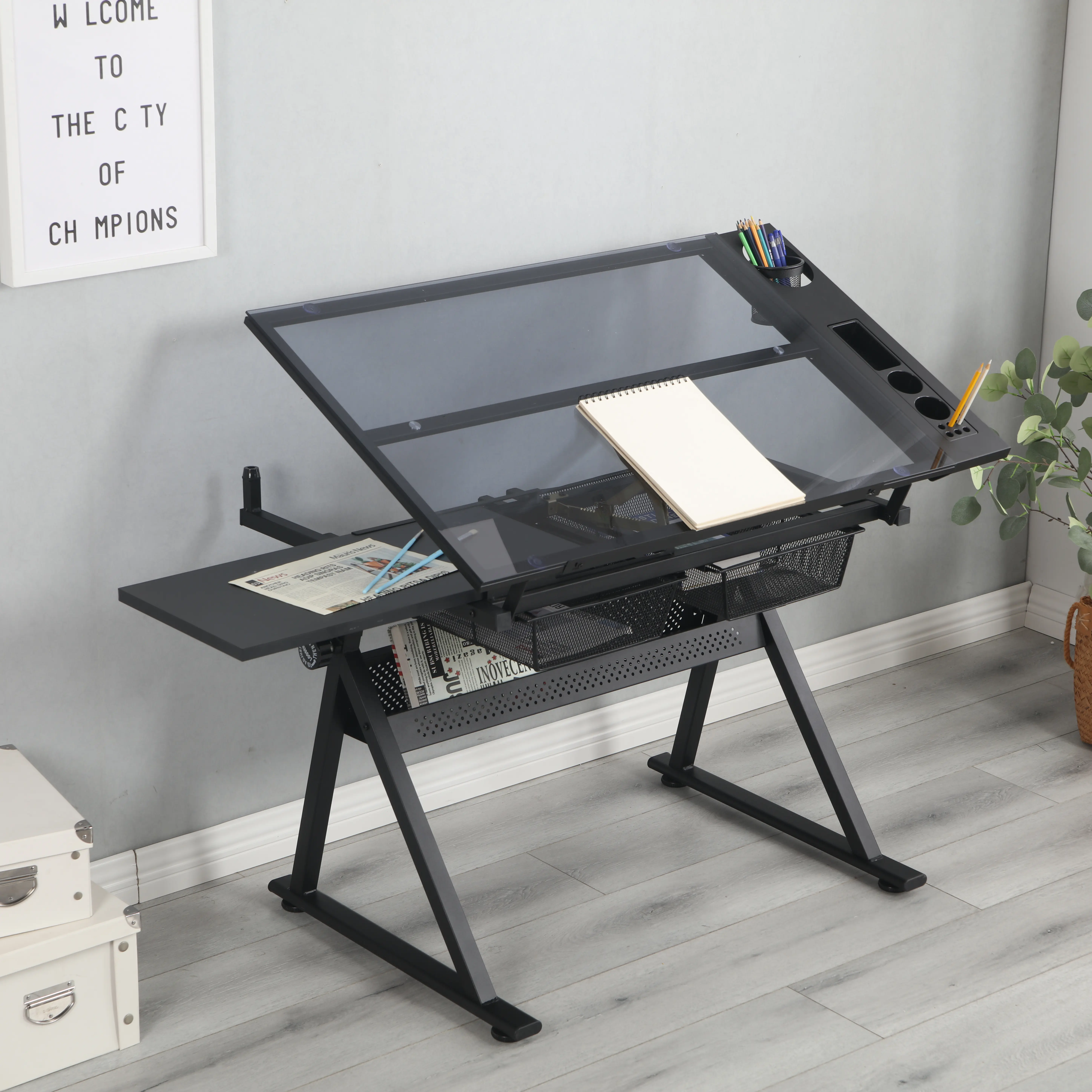 ARCH 0-75° Adjustable Glass Top Drafting Table - Height-Adjustable Artist Desk with Large Storage, Assembly Required, Avoid Abrasive Cleaners, Side Table for Home Office/Studio, Ideal for Artists