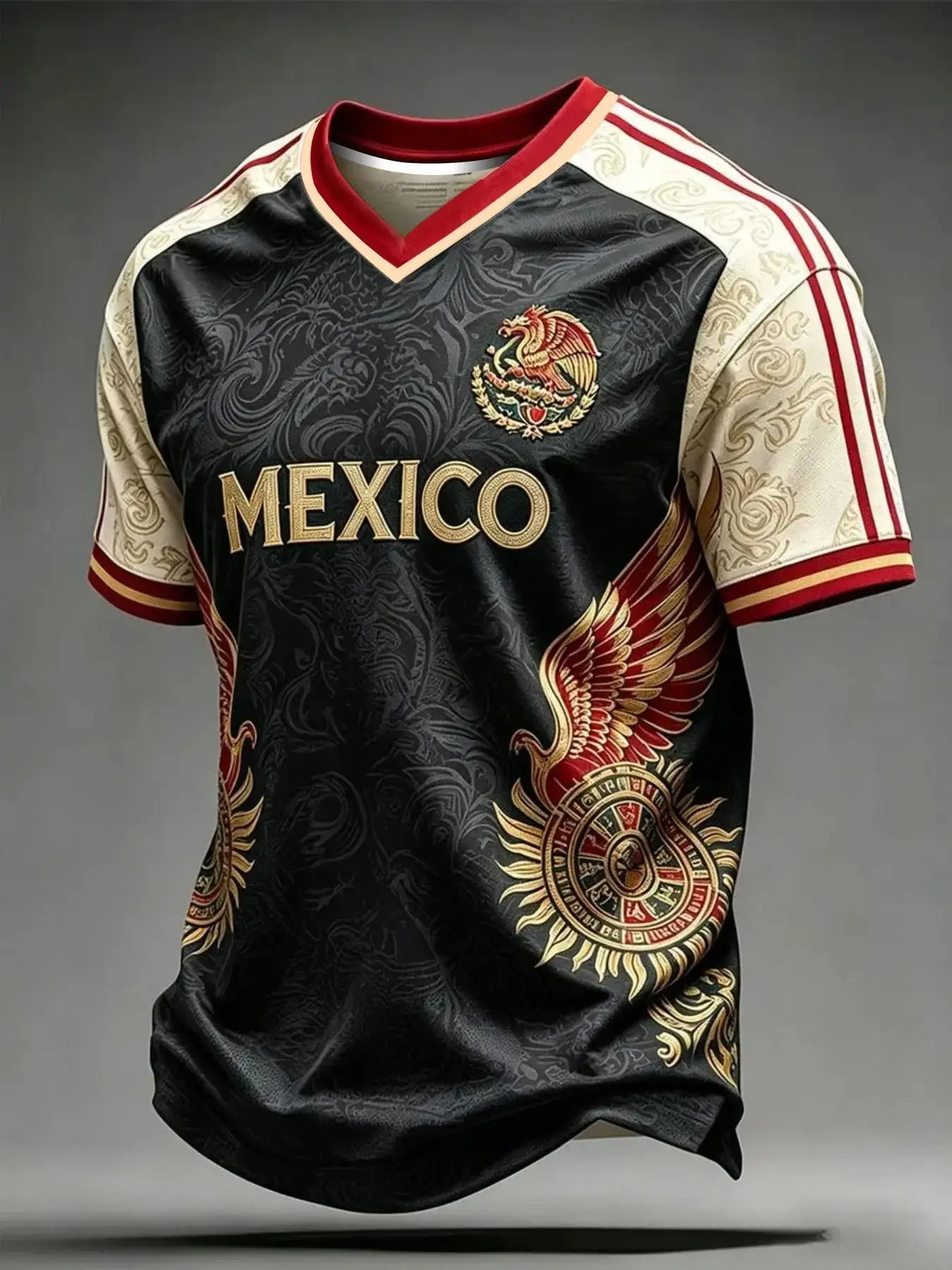 Mexico Gold Eagle Football V-Neck Shirt, Soccer Champion Gameday Shirt, Casual Long Fitted Ethnic Pattern Top, All Seasons Wear, Football Tee, Sports Tees