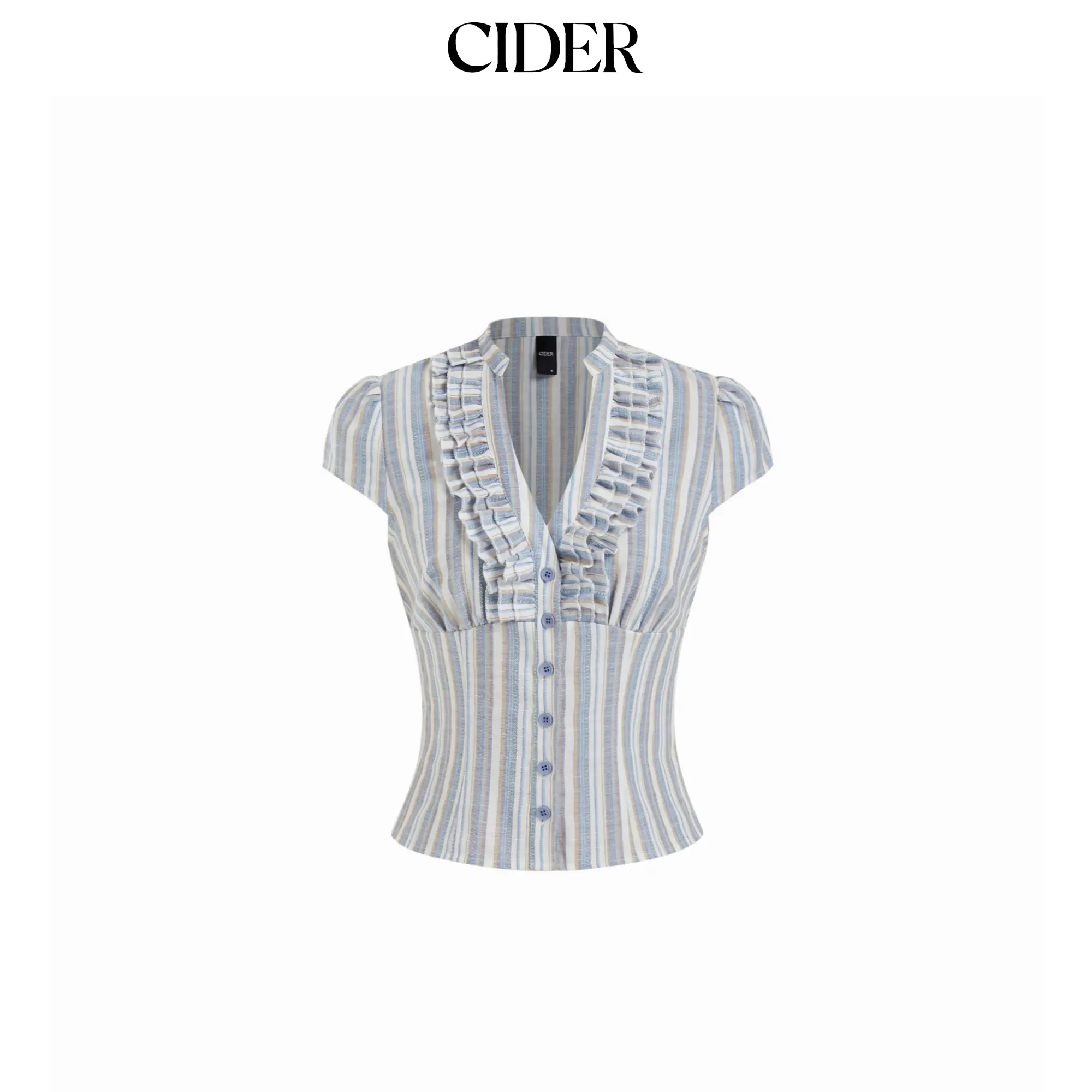 Cider Linen-blend V-neck Striped Ruffled Blouse Casual Shirts