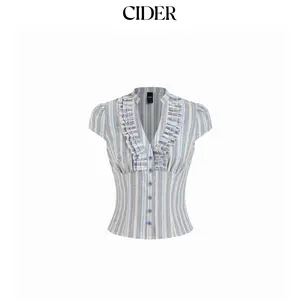 Cider Linen-blend V-neck Striped Ruffled Blouse Casual Shirts