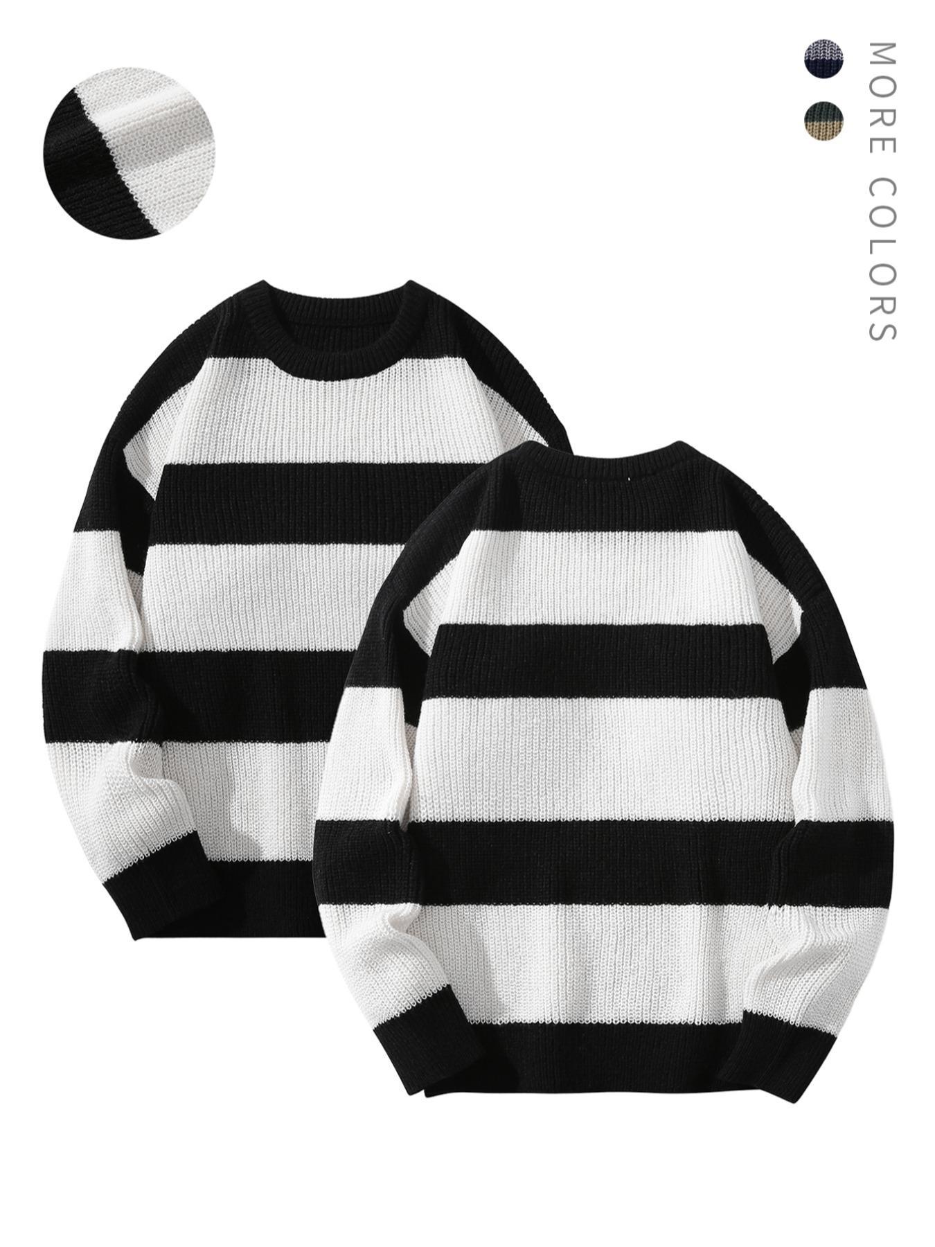 Men's Striped Print Round Neck Knitted Sweater, Casual Regular Fit Long Sleeve Jumper for Fall & Winter, Men's Knit Pullover for Daily Wear, Going Out Outfit
