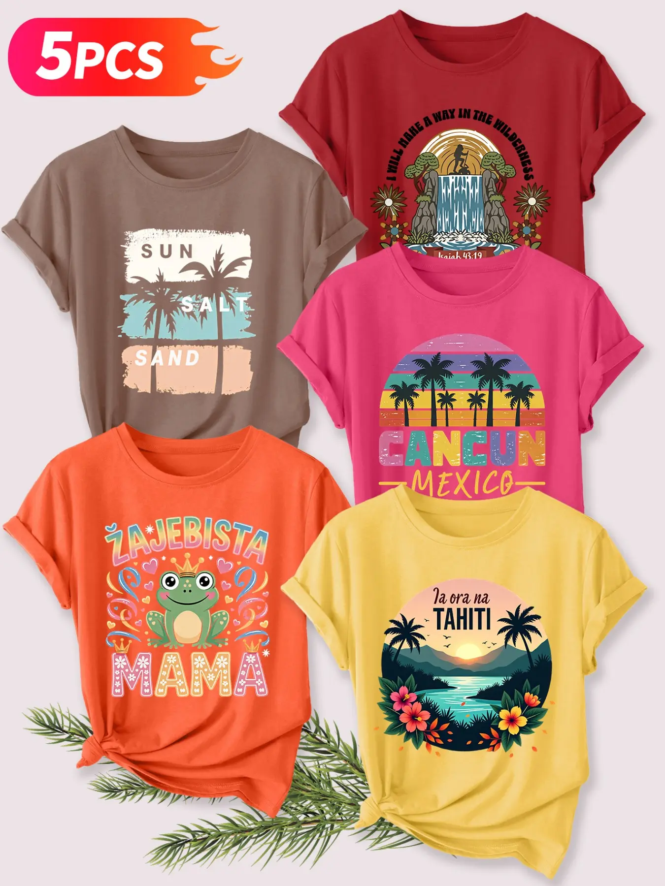 5Pcs Women Crew Neck T-Shirt, Tropical Island Vacation Creative Print, Multi-color Available, Machine Washable, Soft Skin-friendly Spring Summer Daily Stylish Top