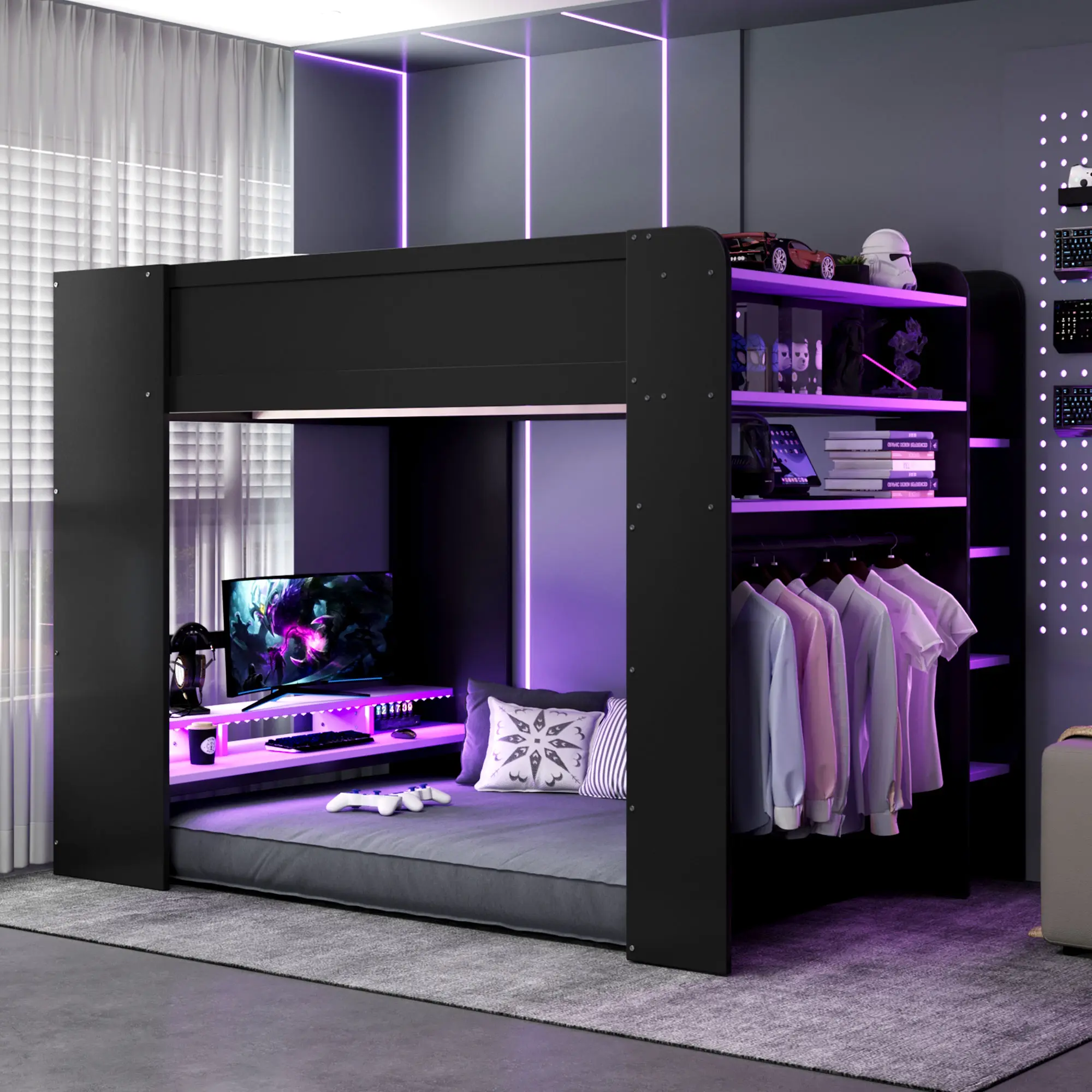 ARCH Full Size Wood Bunk Bed with Height-Adjustable Desk, Wardrobe, Ample Storage, RGB Light, USB Port, Gaming Station, Purple, Combo Set for Bedroom, Purple Color Options, Wood Material, Product Dimensions: 57.30 W x 85.40 D x 65.00 H in