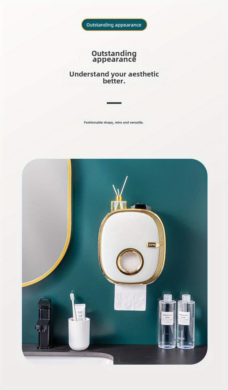 OTEN Large Capacity Double-layer Waterproof Tissue Storage Box Wall Mounted Plastic Roll Paper Holder Non Perforated Design with Storage Compartment Home Goods Installation Golden