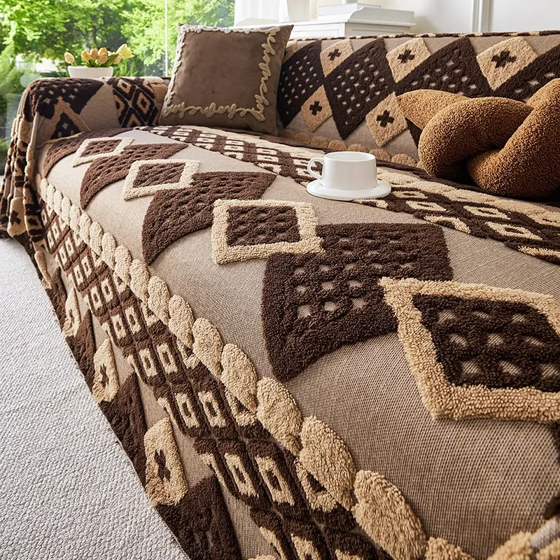 1pc Bohemian style plush sofa towel, anti slip machine washable furniture protection cover, Sofa Protector Cover, pet friendly, geometric pattern design, perfect home decoration, Decorative Sofa Protector, Washable Couch Protector
