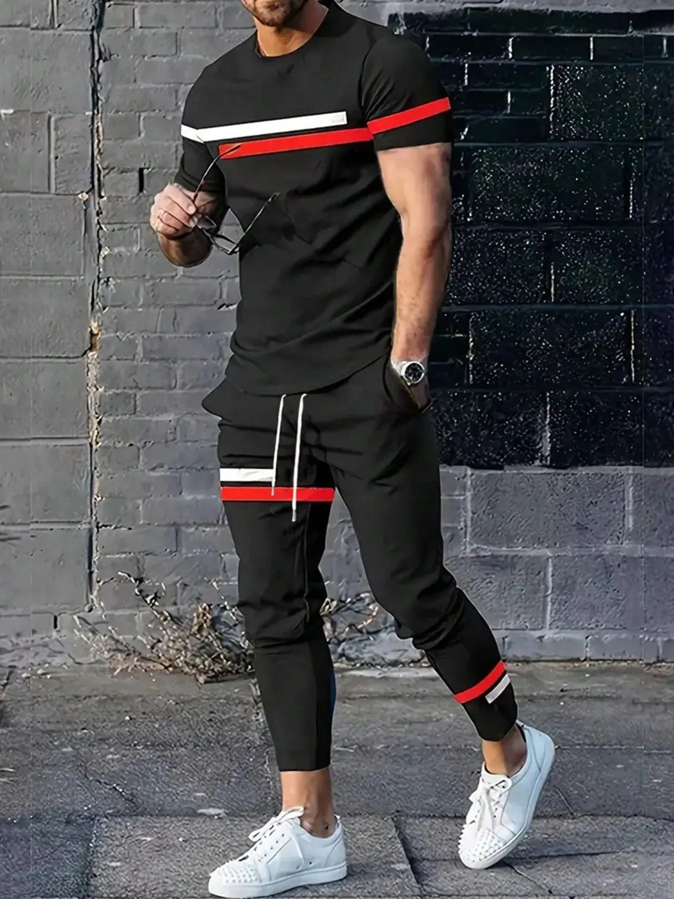Men Contrast Stripe Graphic Two Piece Outfit Crew Neck Short Sleeve T-Shirt & Drawstring Jogger Pants Casual Streetwear Co Ord Set