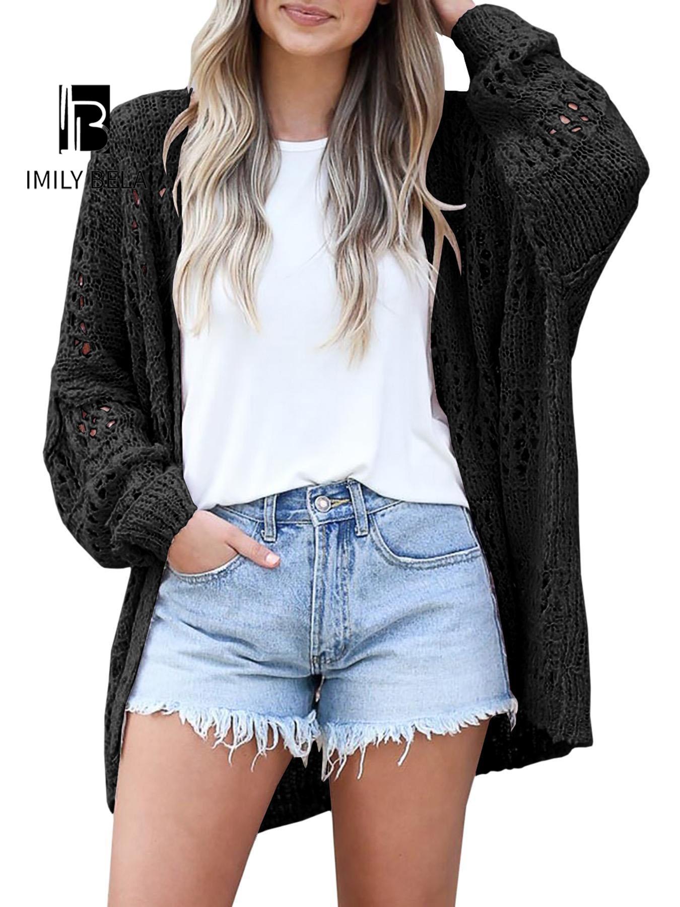 Women's Hollow Out Open Front Cardigan Sweater, Casual Loose Long Sleeve Knit Cardigans Knitwear for Daily Wear, Autumn Fashion Outerwear, Ladies Clothes